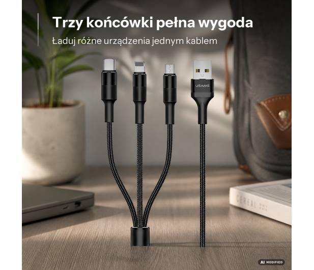 USAMS Kabel pleciony 3w1 1,5m 2Aczarny (lightning/microUSB/USB-C) - 1568988 - zdjęcie 2